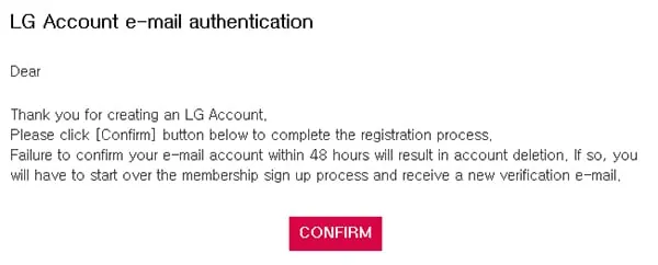 LG's verification email with the CONFIRM button