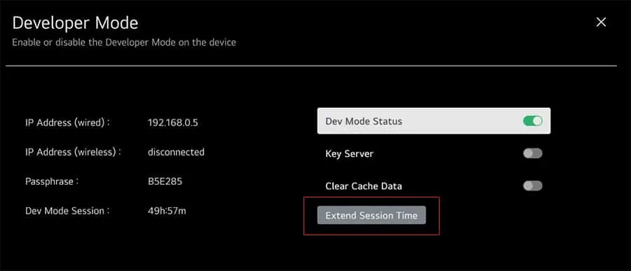 Developer Mode with the Extend Session Time button marked