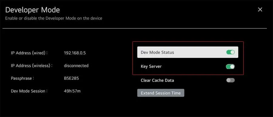 Developer Mode with Dev Mode Status and Key Server on, and the IP address and Passphrase listed