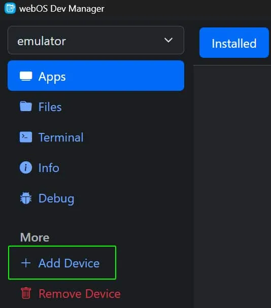 The webOS Dev Manager menu with Add Device marked