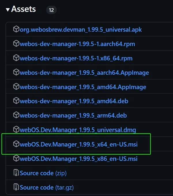 The webOS Dev Manager download list, with the Windows installer marked