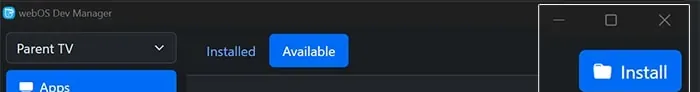 The Install button in the top corner of webOS Dev Manager
