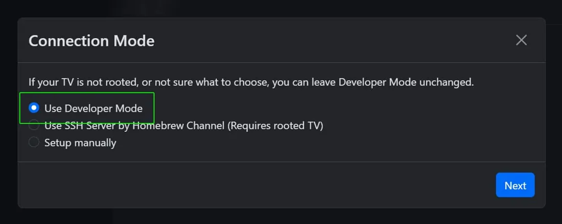 The Connection Mode screen with Use Developer Mode selected