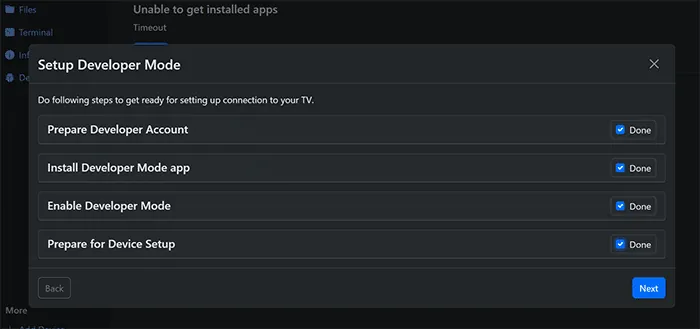 The Setup Developer Mode screen with the four preparation steps ticked