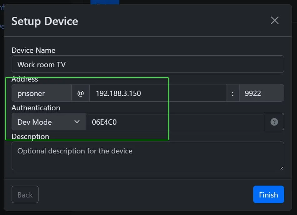 The Setup Device screen with the IP address and Passphrase marked
