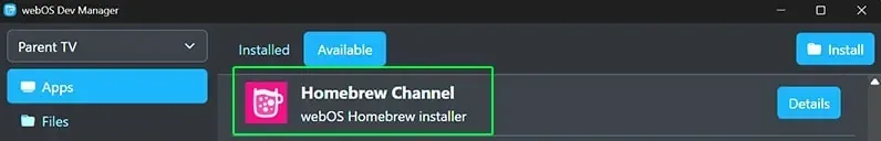 Homebrew Channel in the list of available apps, with the Details button