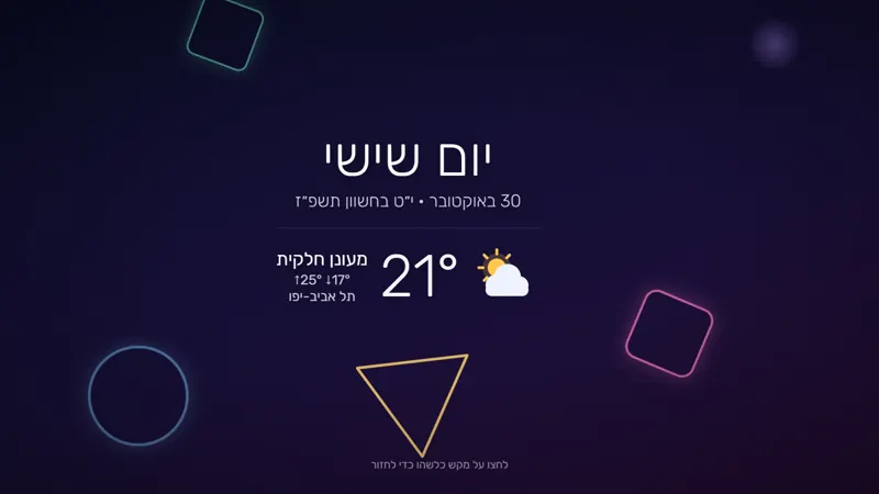 שומר המסך: היום והתאריך העברי במרכז, מזג האוויר מתחתם, וצורות צבעוניות שזזות לאט על רקע כהה.